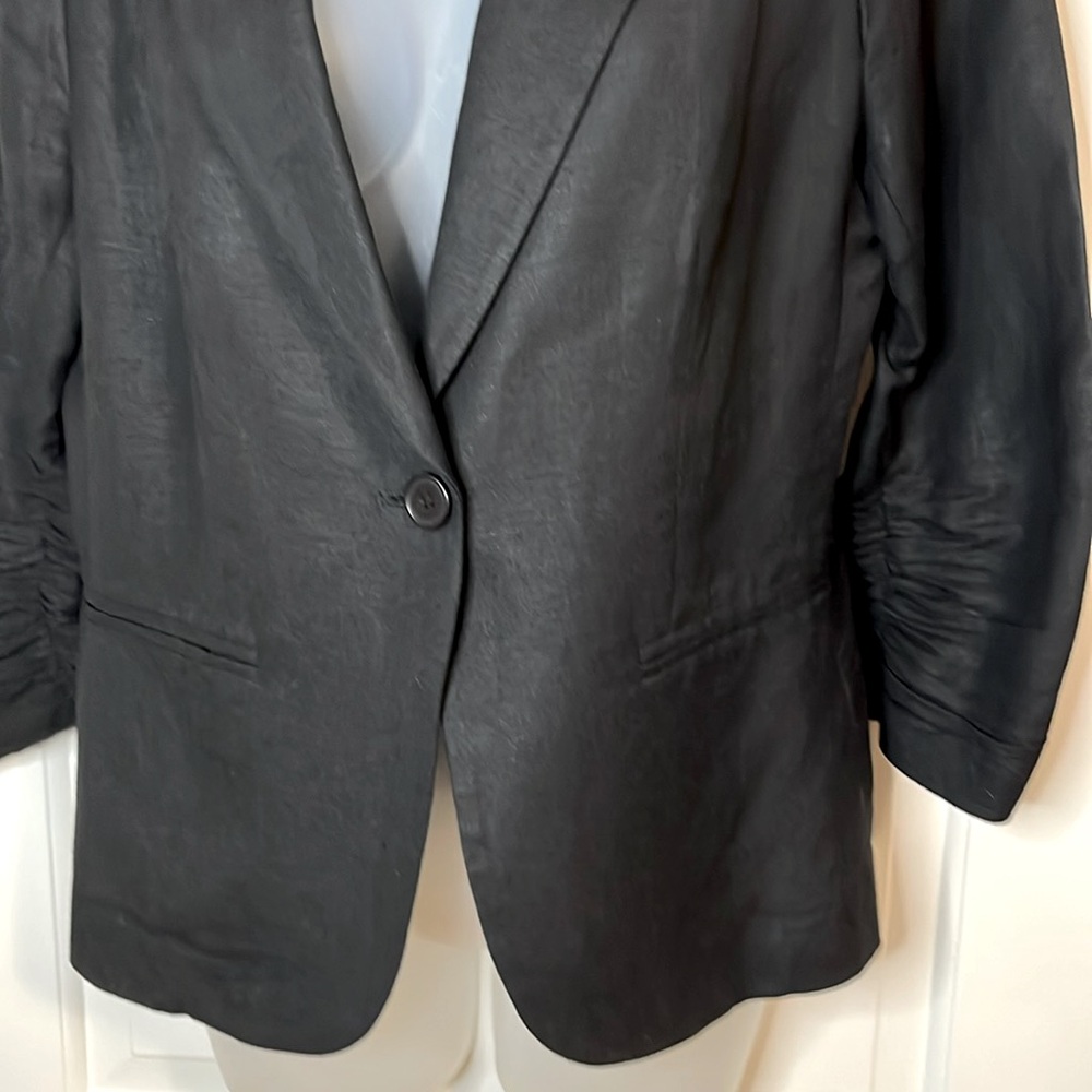 🌷Olivia Moon Linen One Button 3/4 Ruched Sleeved Blazer Black - Picture 6 of 13